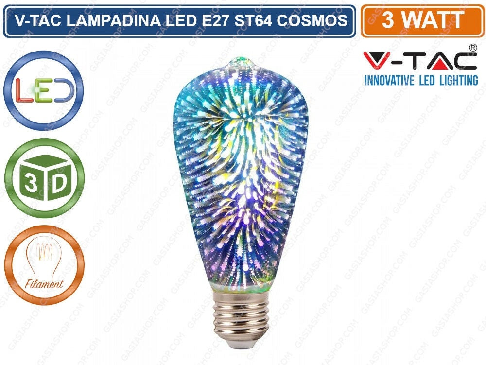 V-TAC VT-2233 LAMPADINA E27 FILAMENTO LED 3W BULB ST64 VETRO SPECCHIATO ARGENTO EFFETTO 3D - SKU 2705