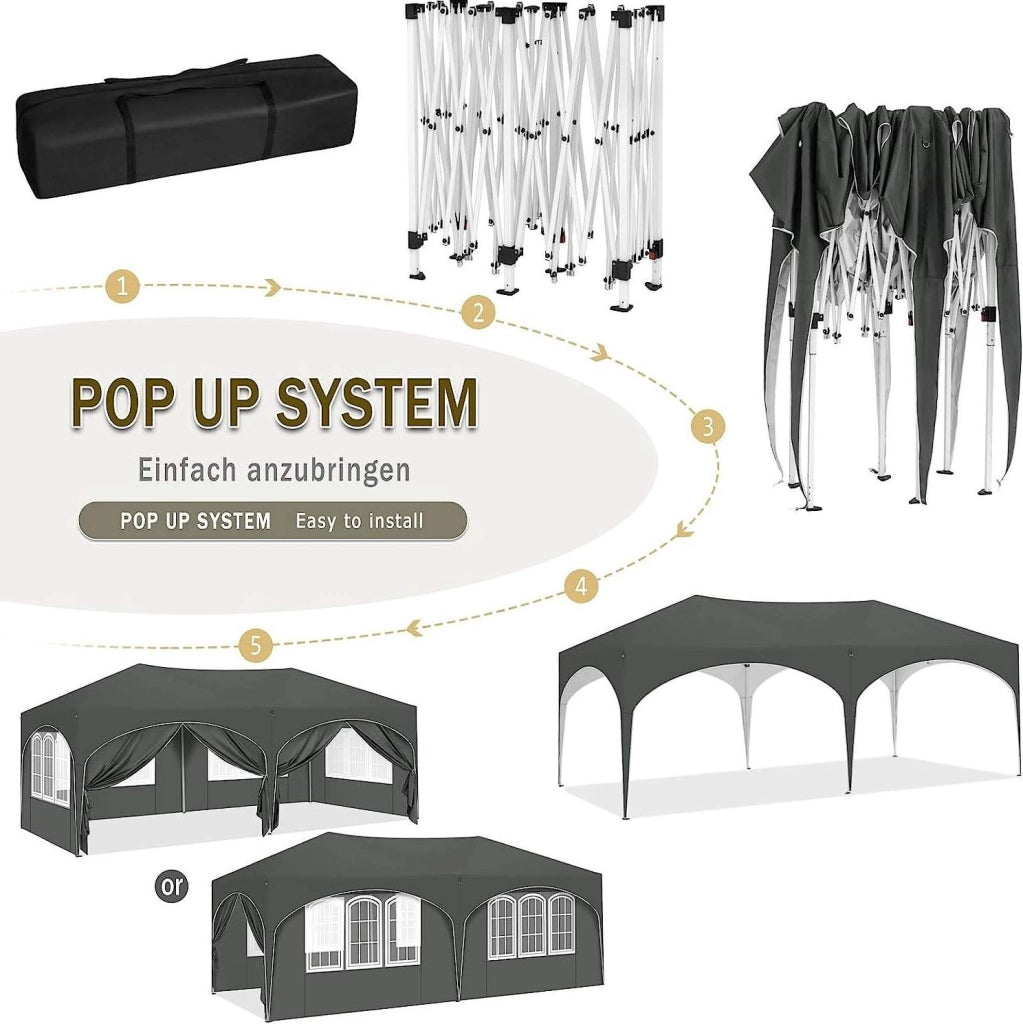 Gazebo pieghevole 3x6 m grigio con 6 pareti e protezione UV50+