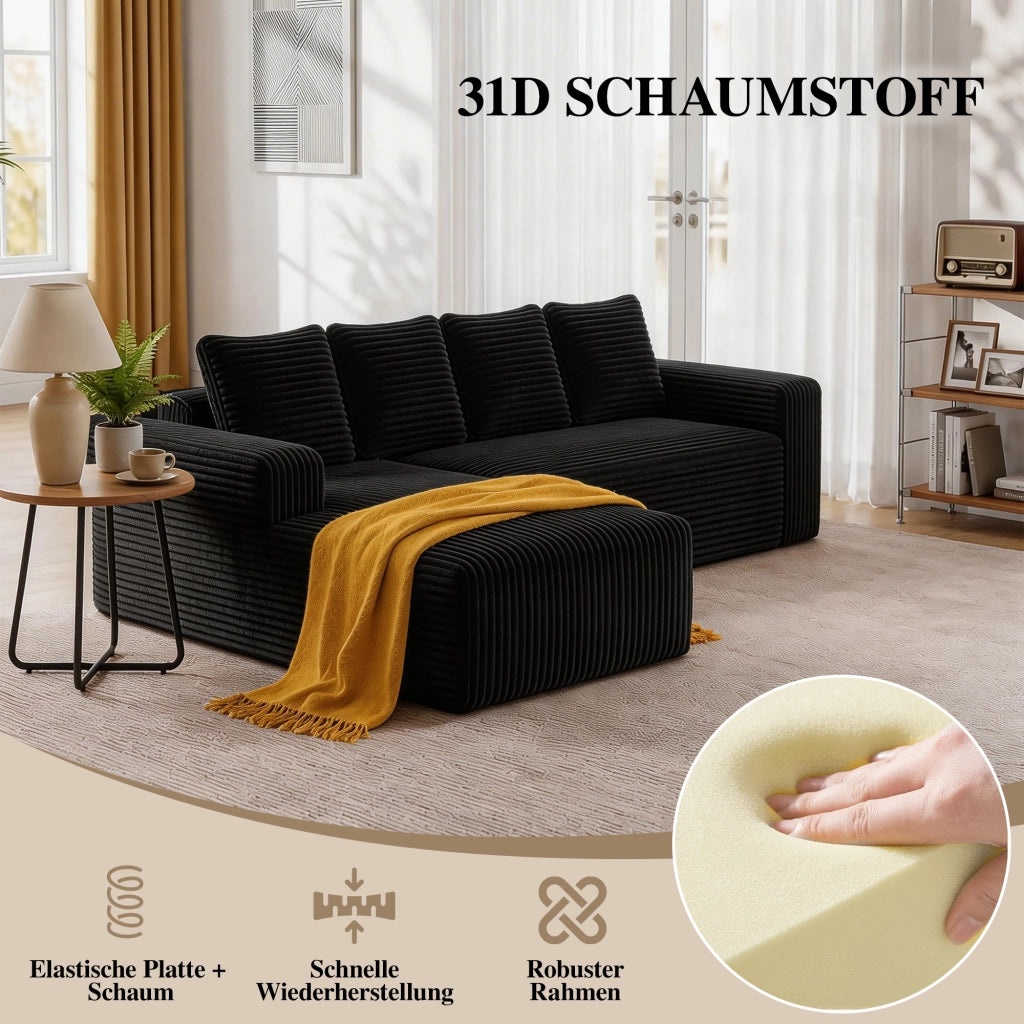 Divano modulare a forma di l con chaise longue reversibile in velluto a coste nero 261.0 × 168.0 × 58.0 cm 2 moduli
