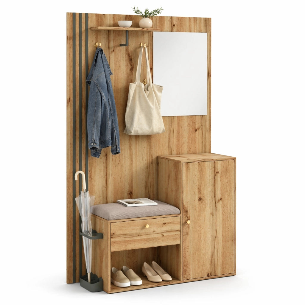 Guardaroba da ingresso MDF con specchio, seduta e portaombrelli
