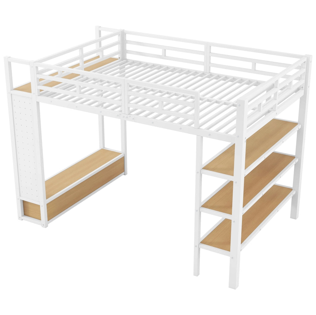 Letto a soppalco in metallo 140x200 cm con armadio aperto, scaffali, pannello forato e illuminazione LED bianco