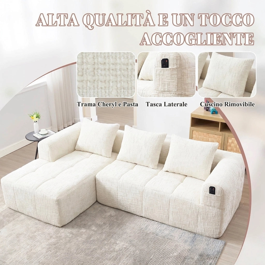 Divano 3 posti con penisola in ciniglia beige; 250 cm; senza montaggio; con tasche laterali e 3 cuscini