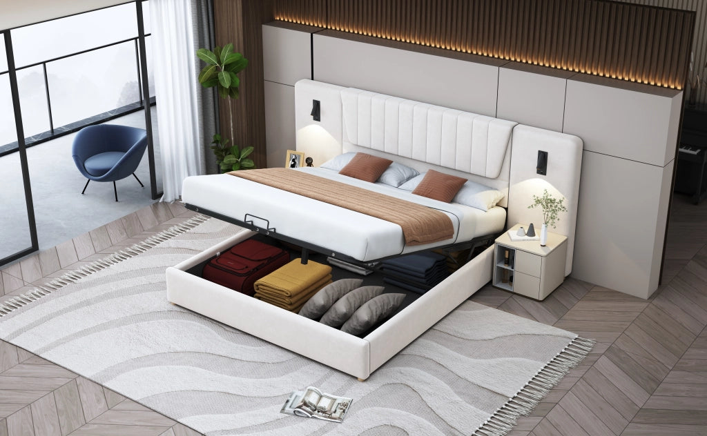 DESMIU Letto Matrimoniale 180 × 200 cm con contenitore idraulico, lampade da lettura, USB, senza materasso, in velluto, beige