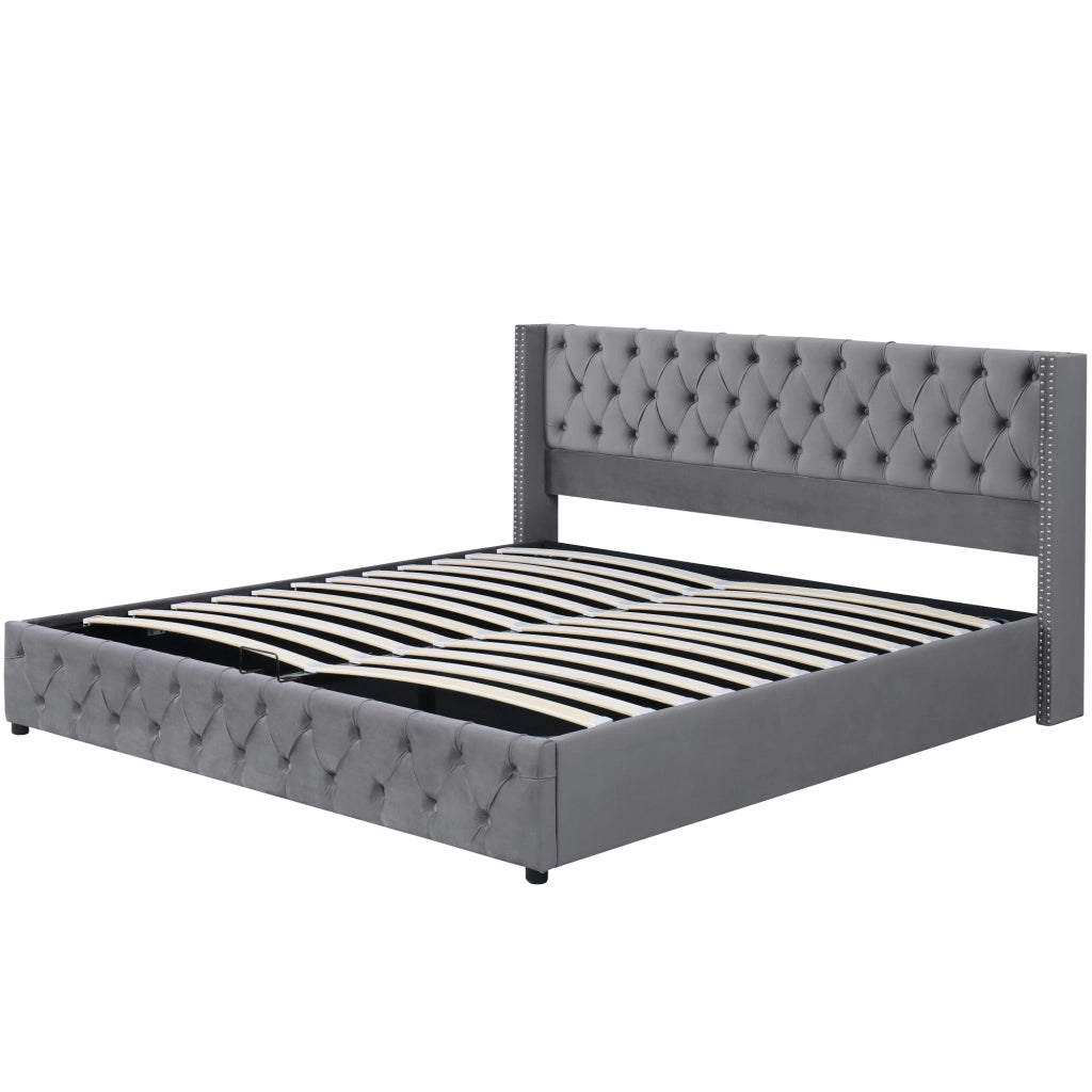 Letto matrimoniale contenitore 140 ¡Á 190 cm in velluto grigio con testiera capitonn¨¦ e rete a doghe