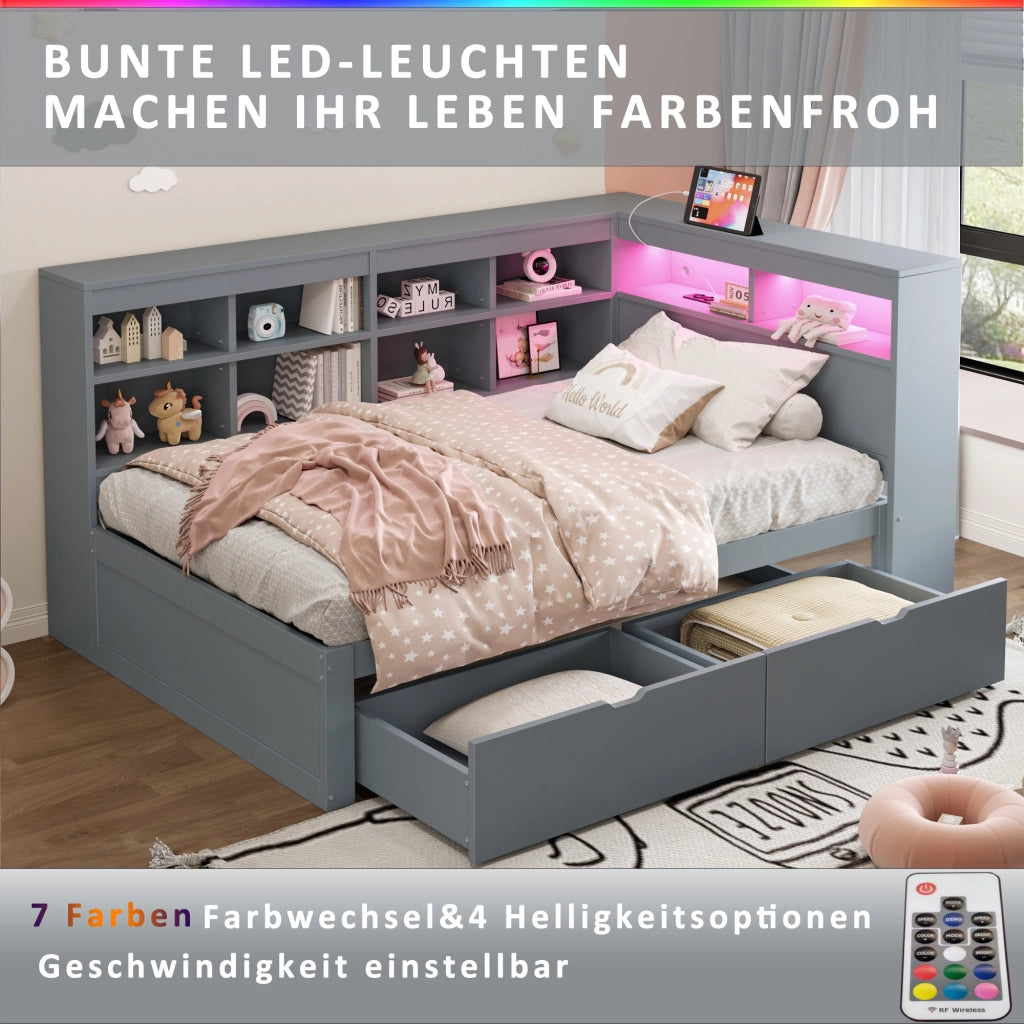 Letto singolo con cassetti 90 × 200 cm con ripiani laterali USB LED a colori in legno grigio con 15 doghe