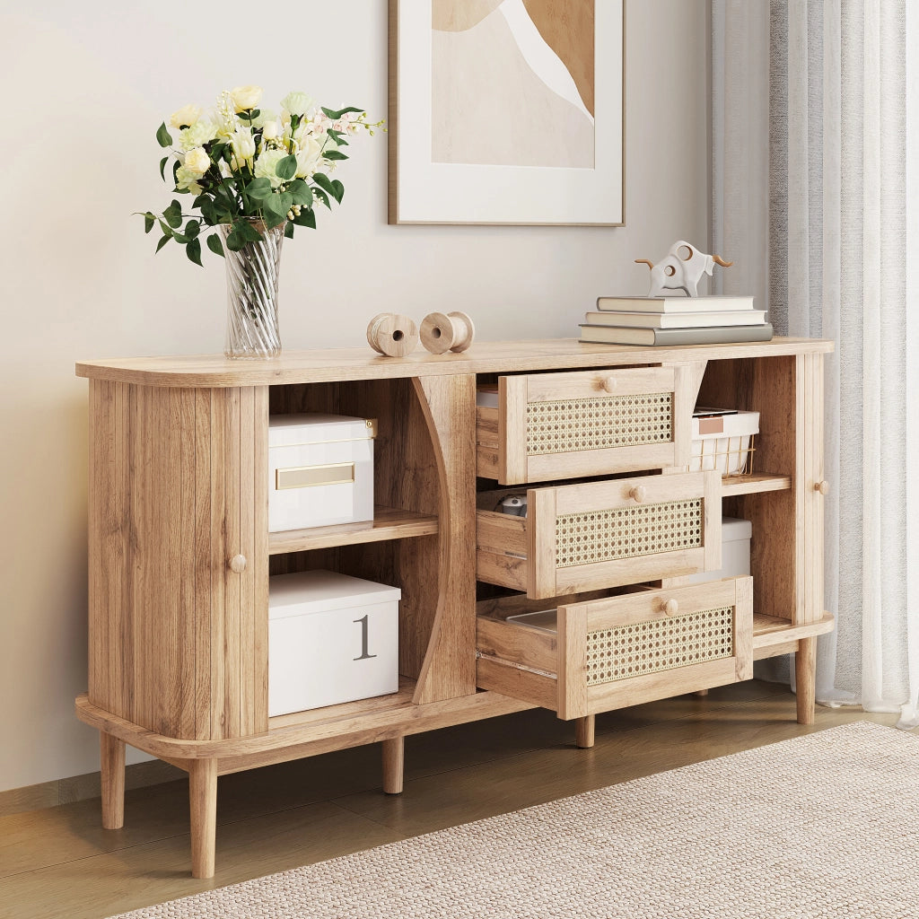 Credenza con 3 cassetti in rattan e ante scorrevoli, ripiani regolabili per soggiorno e ingresso, naturale, 140.5 × 40 × 76 cm