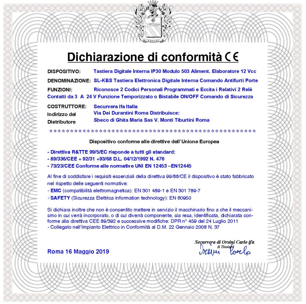 Tastiera Interna da Incasso Per Modulo 503 IP44 per Elaboratori KBC o KBV 2 Led Rosso Verde Gestibili 2 Codici DTMF da 6 Numeri Alimentazione e Funzioni Tramite Bus Della Centralina 2 Relè Programmab