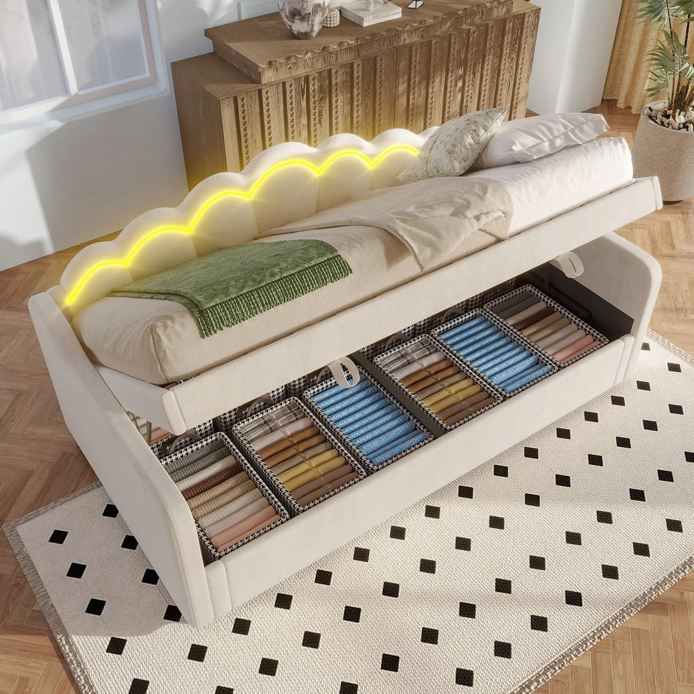 Letto Singolo Contenitore Imbottito con LED ¨C MINIMAL ¨C Velluto Beige 90x200