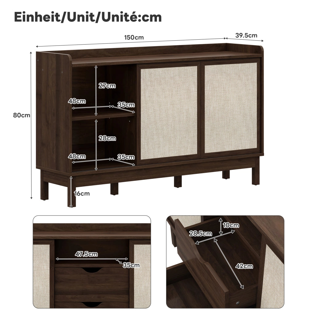 Credenza con ante scorrevoli; due cassetti e ripiani regolabili in truciolare naturale 150 × 39.5 × 80 cm
