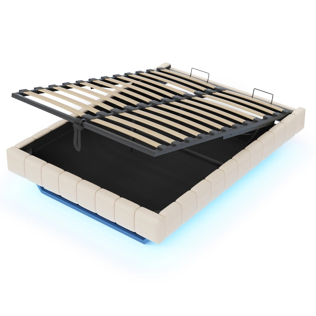 Letto imbottito sospeso 160x200 cm con contenitore, LED e struttura in metallo, Beige