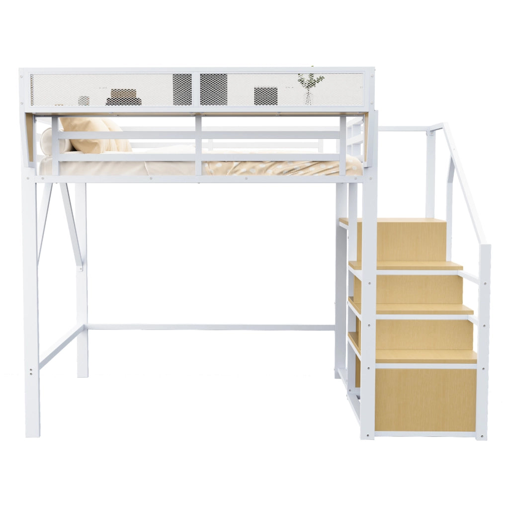 Letto a soppalco 140x200 cm in metallo con scaletta di sicurezza e ripiano modulabile, bianco