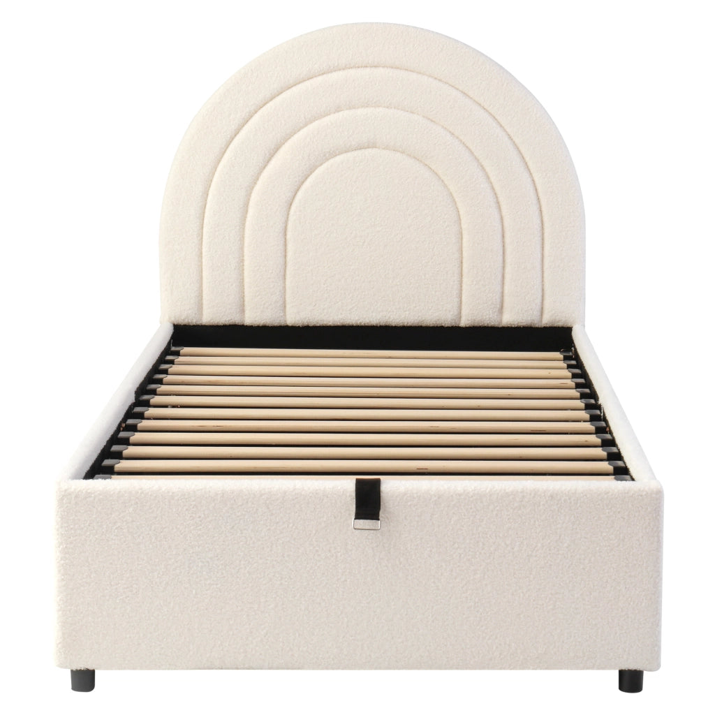 Letto singolo imbottito con contenitore idraulico 90x200 cm in tessuto bouclé beige
