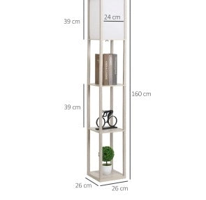 Lampada da Terra con 3 Ripiani in MDF E1 e Acrilico, 26x26x160 cm, Portalampada E27, Colore Quercia e Bianco