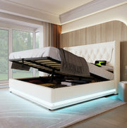 Letto matrimoniale 140x200 cm con contenitore idraulico; LED e USB-C; rivestimento in PU bianco