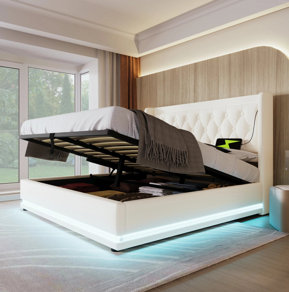 Letto matrimoniale 140x200 cm con contenitore idraulico; LED e USB-C; rivestimento in PU bianco