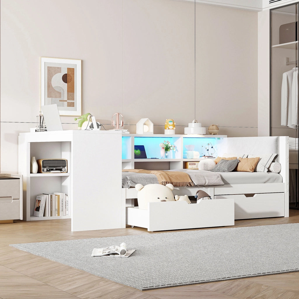 Letto Contenitore Imbottito 90x200 cm con Cassetti; LED; USB; Bianco