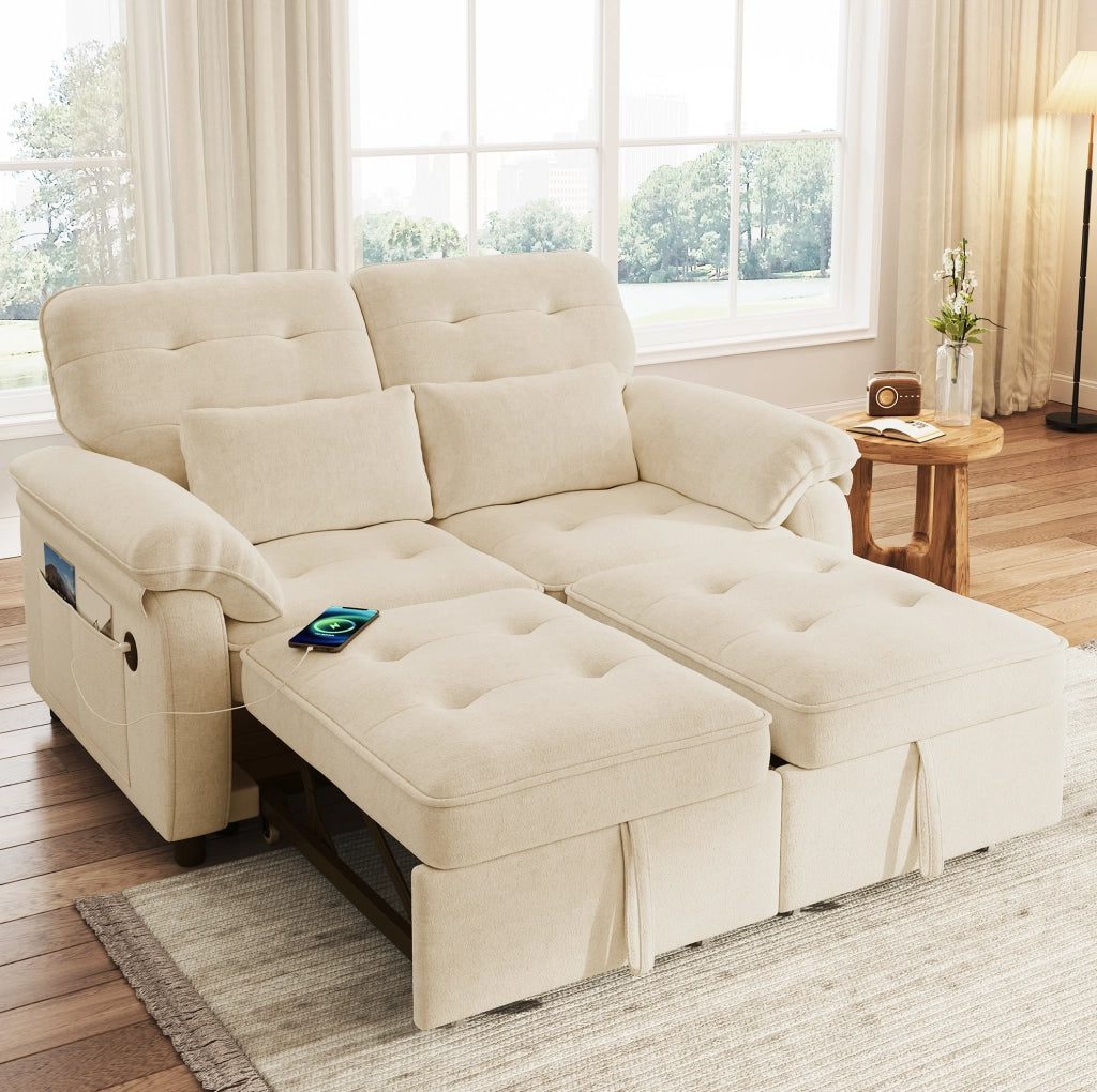Divano letto 3-in-1 beige in tessuto chenille con schienale regolabile e porta USB, inclusi 2 cuscini, 2 posti