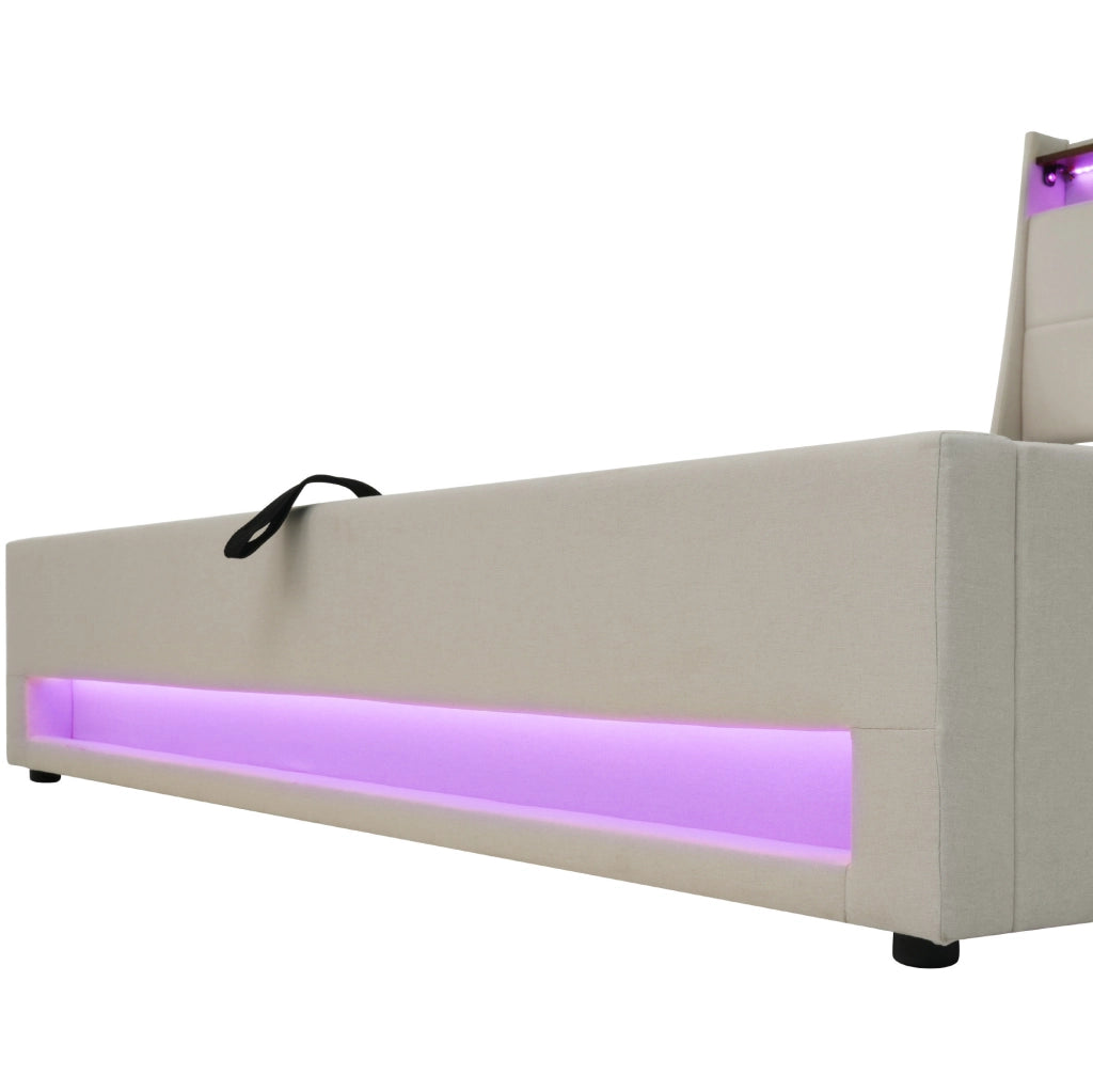 Letto imbottito 140x200 cm con LED; USB e contenitore; beige chiaro