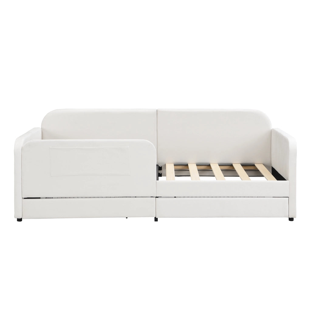 Letto per bambini singolo 90 × 200 cm con 2 cassetti e 3 tasche laterali, senza materasso, in velluto bianco