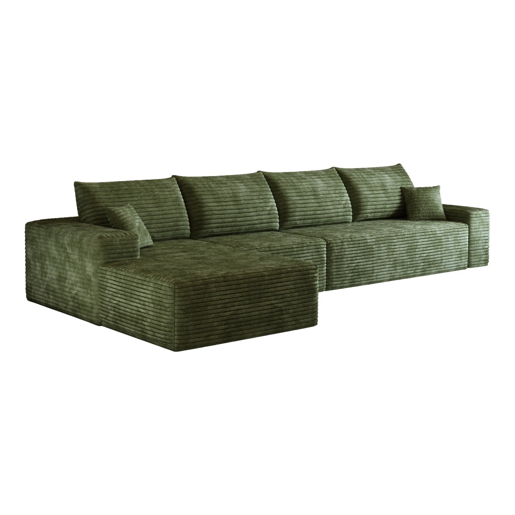 Divano angolare modulare con chaise longue, seduta profonda e montaggio senza attrezzi, in velluto a coste verde