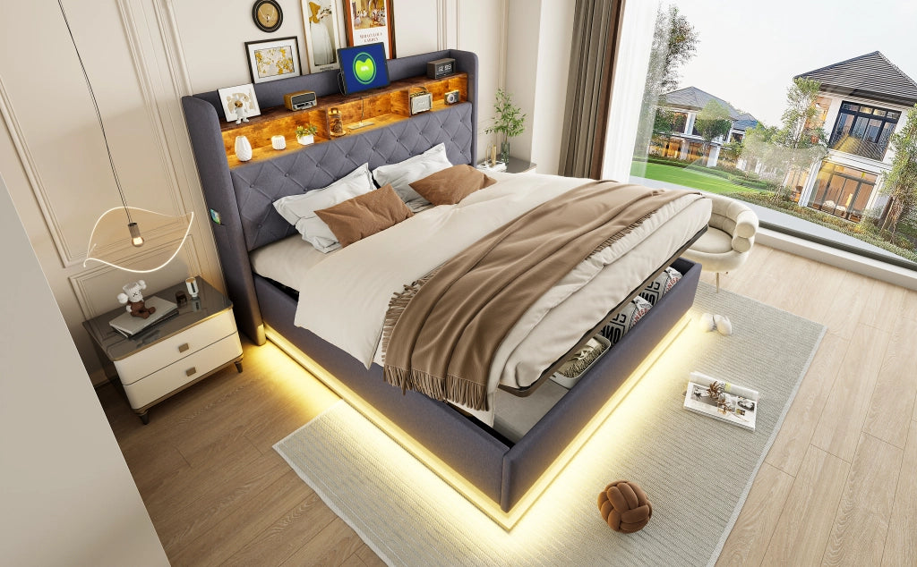 Letto imbottito LED 180 x 200 cm, letto contenitore imbottito con ricarica USB e contenitore idraulico, lino delicato sulla pelle - Grigio