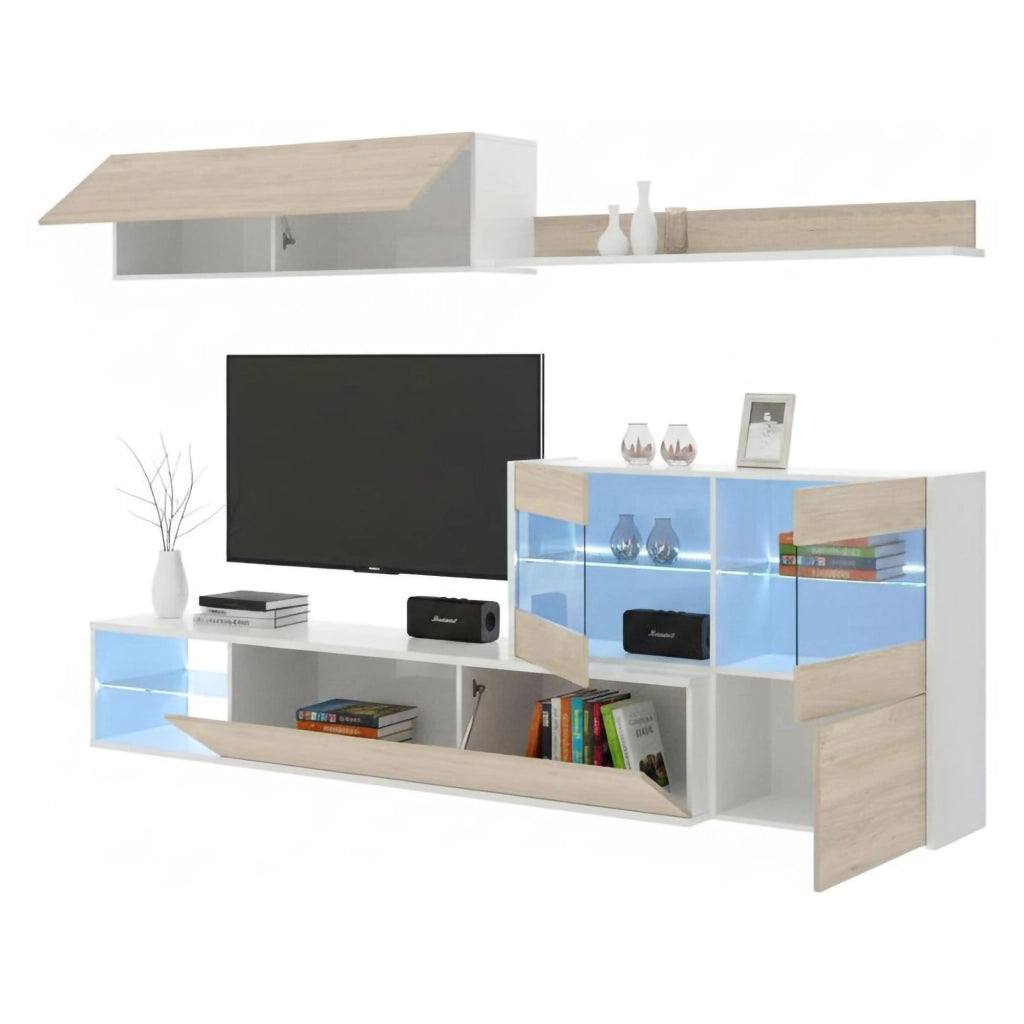Parete attrezzata Agio, Set da soggiorno modulare ad angolo, Mobile salotto multiposizione con luce LED, 260x41h180 cm, Rovere e Bianco