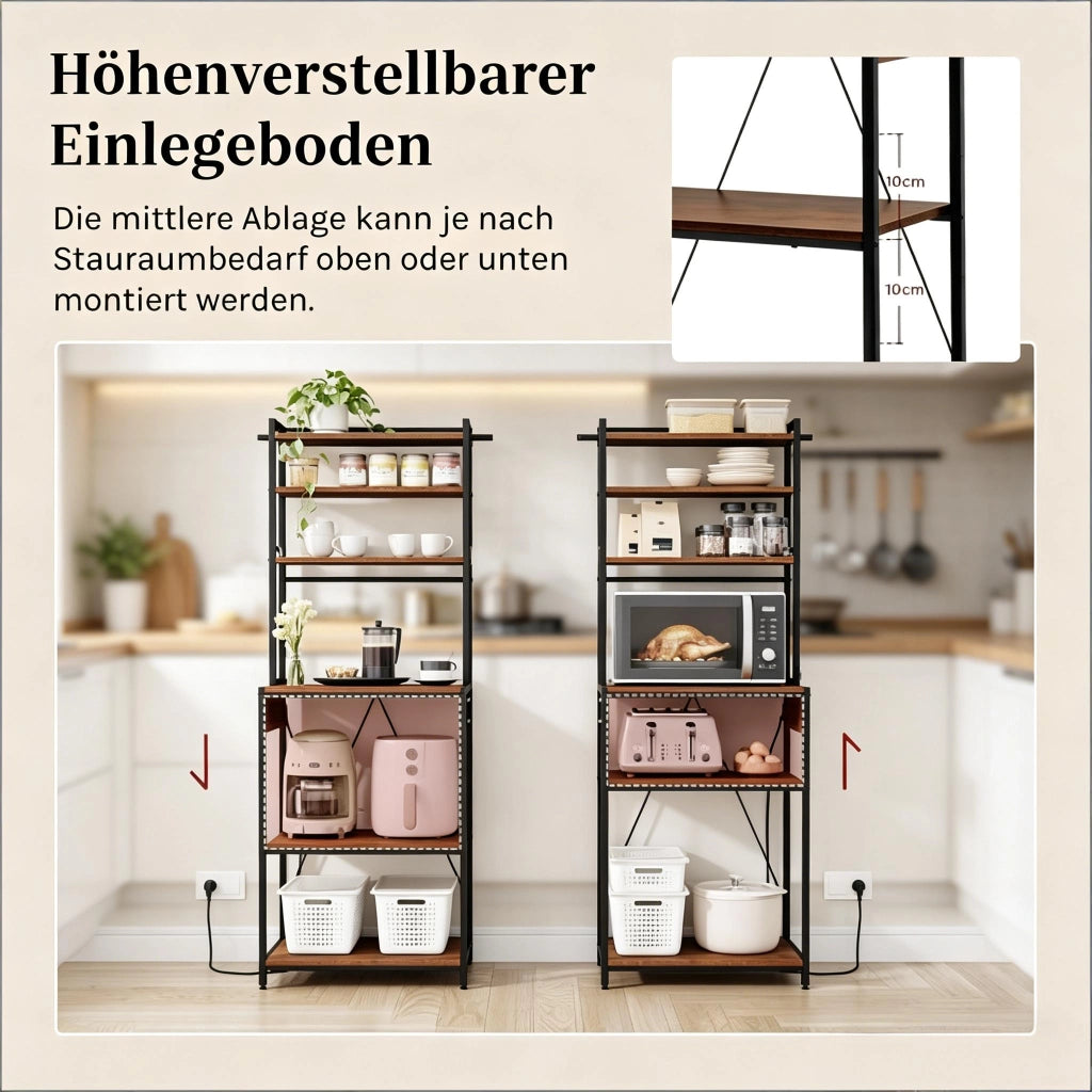 Credenza da cucina alta con 6 ripiani, 6 ganci e 3 prese elettriche per cucina, metallo e truciolare, 60 × 40 × 167 cm