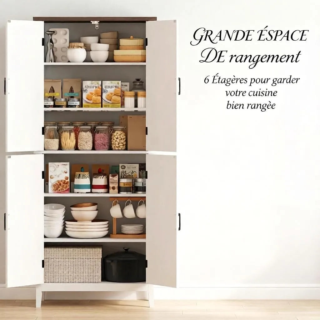 Credenza da cucina alta a 6 ripiani, con 4 ante in vetro e 4 mensole regolabili