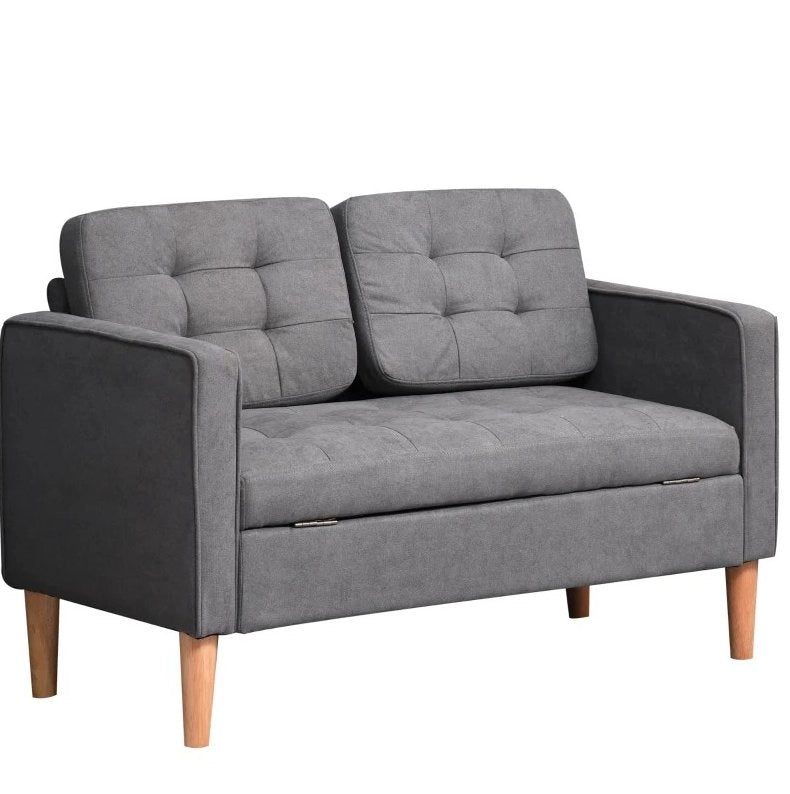 Divano 2 posti in cotone grigio con cuscini removibili e struttura in legno di gomma 117x62x78 cm