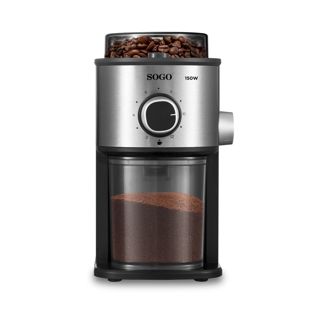 Macinacaffè elettrico con macine in acciaio 14 livelli di macinatura, capacità 200g chicchi selezione 2-12 tazze - Sogo