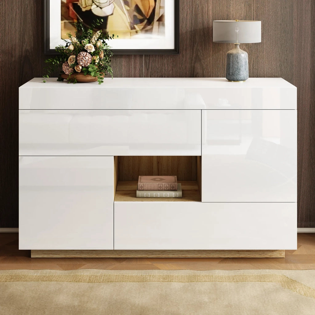 Sideboard vetrina con illuminazione LED a cambio colore e cassetti, finitura lucida
