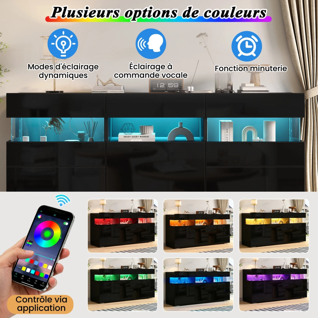 Madia con 3 ante e striscia LED controllabile tramite app; 7 vani in truciolare nero 140 × 40.5 × 66.5 cm