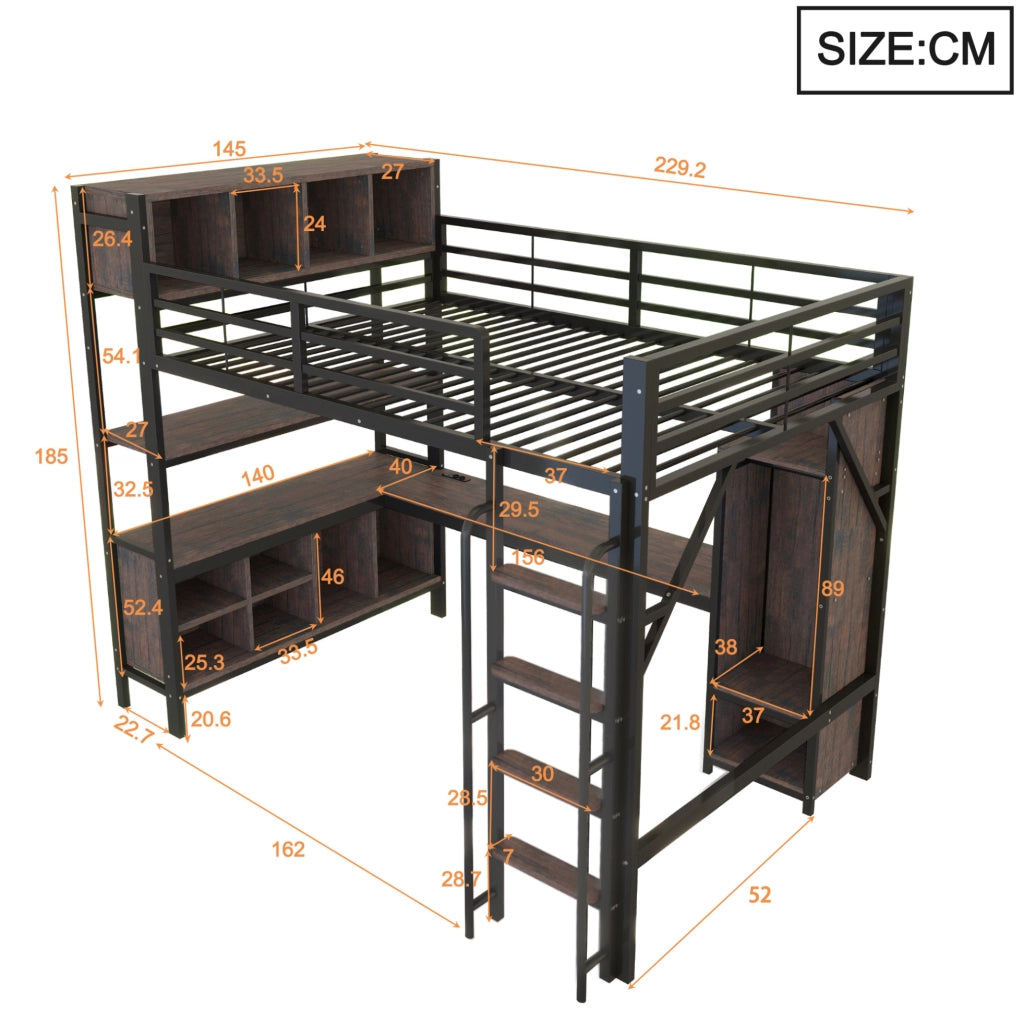Letto a soppalco 140x200 cm con scrivania; armadio; LED e prese UE nero HOMVRA