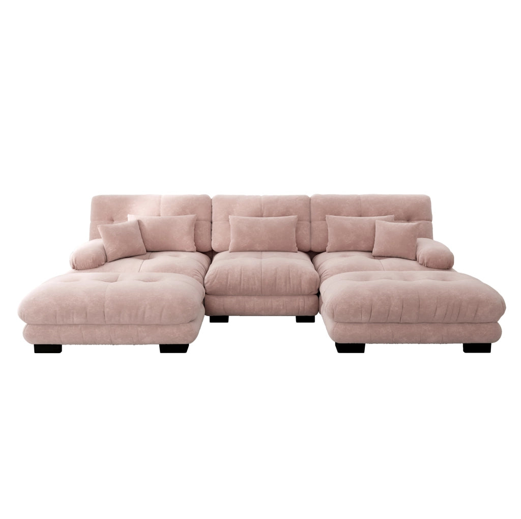 Divano modulare in ciniglia rosa con ottomane mobili; 313×145×81 cm