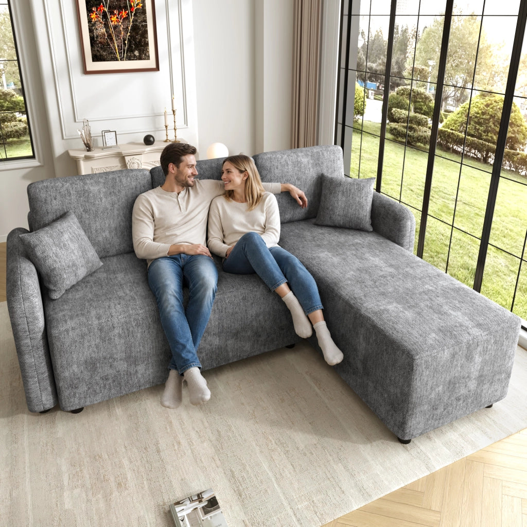 Divano angolare 3 posti a L con penisola 144 cm; in ciniglia; grigio
