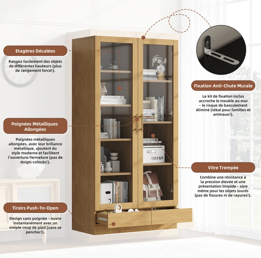 Vetrina 80x40x160 cm in MDF e vetro temperato con cassetto push-to-open