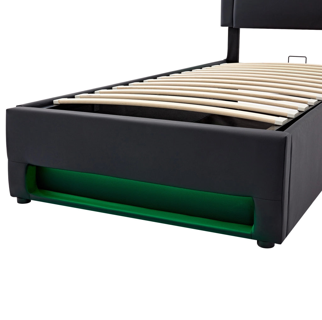 Letto imbottito 90x190 cm con contenitore, LED e ricarica USB in PU nero
