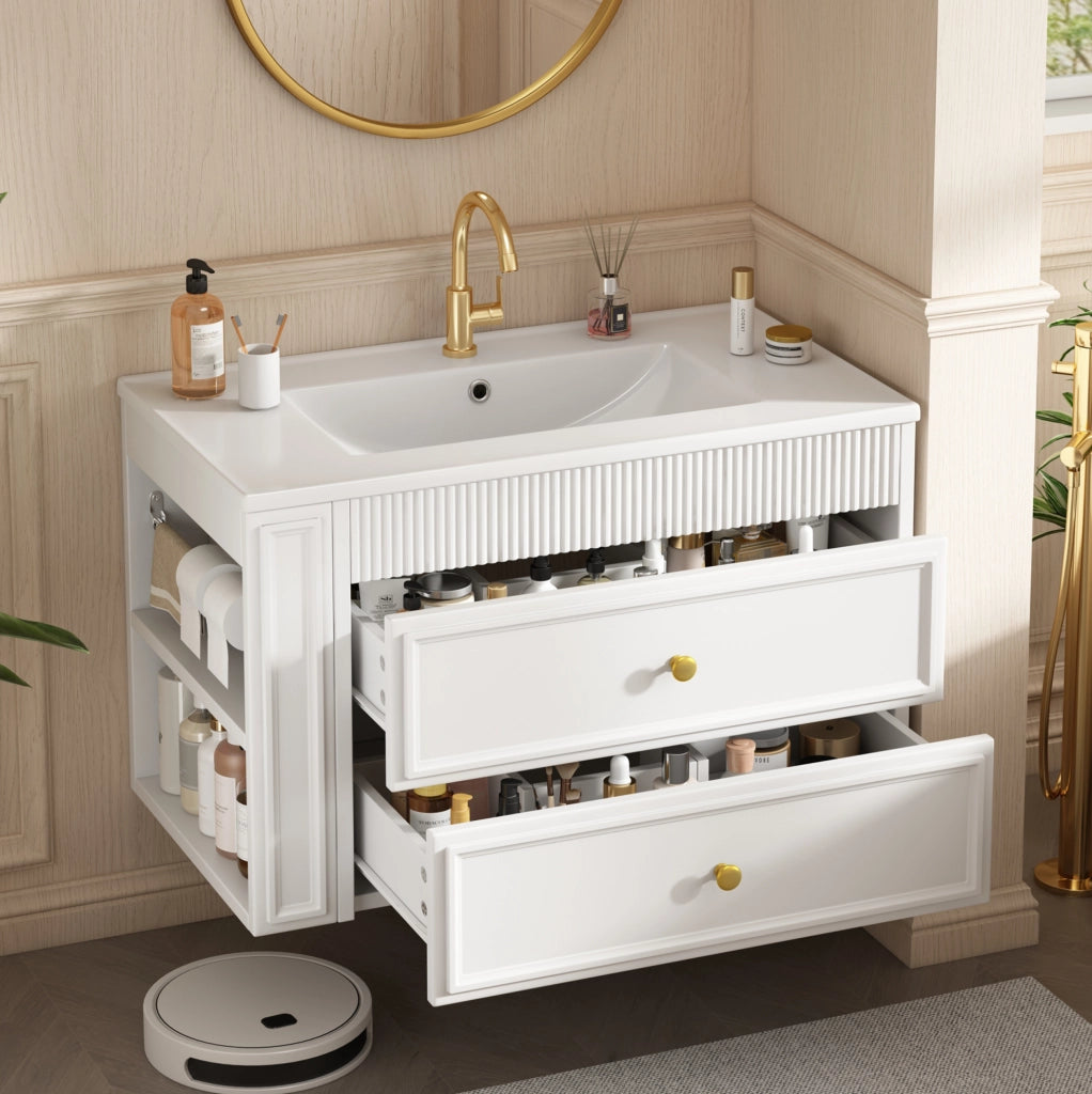 Mobile bagno sospeso 81 cm in MDF bianco lucido con lavabo in ceramica e 2 cassetti