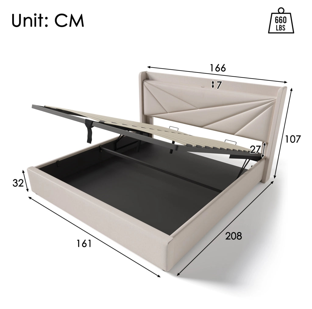 Letto matrimoniale 160x200 cm con contenitore, USB e USB-C in cotone e lino beige