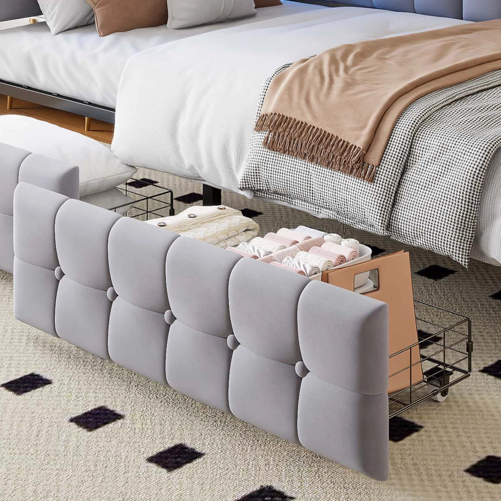 Divano letto imbottito 90x200 con 2 cassetti; LED; USB e Type-C; grigio