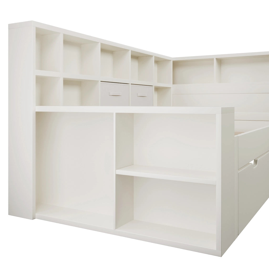 Letto singolo 90x190 cm bianco in legno con letto estraibile; ripiani su tre lati e porte USB/Type-C