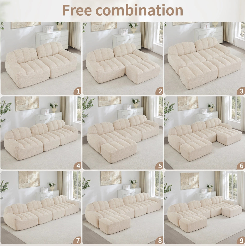 Divano modulare ad angolo 3 posti con pouf, imbottitura in schiuma ad alta densità 32D, tessuto morbido beige chiaro