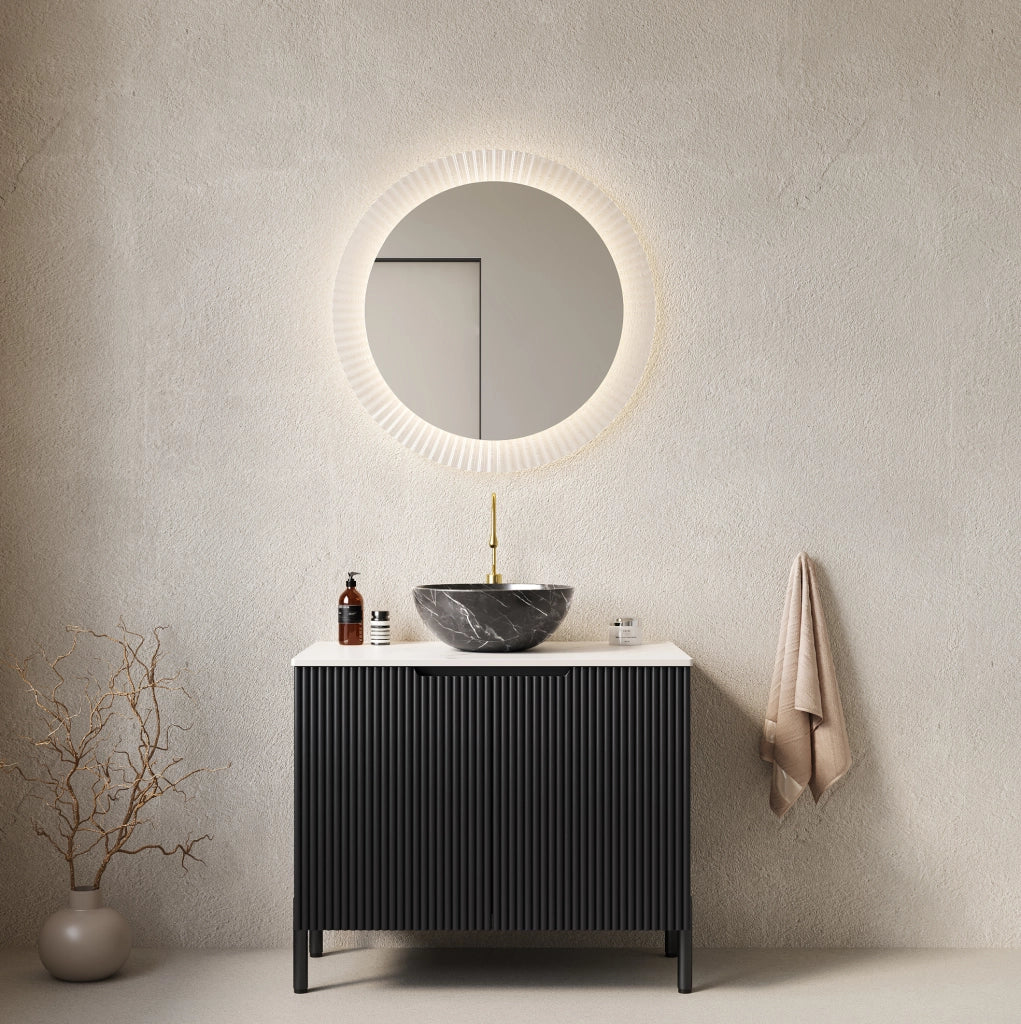 Mobile bagno freestanding 76 cm nero con lavabo in ceramica effetto pietra e top Carrara
