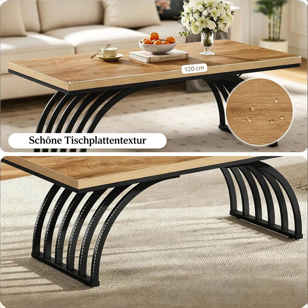 Tavolino basso fisso con piano da 120 cm in legno e struttura in metallo nero e marrone per soggiorno