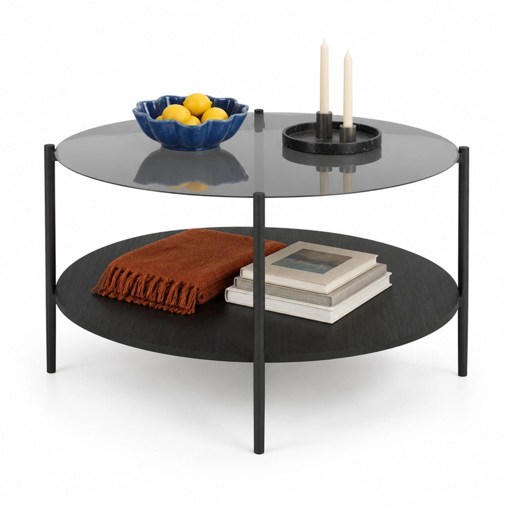 Tavolino da caff¨¨ rotondo ?82x45 cm a due ripiani in vetro temperato nero