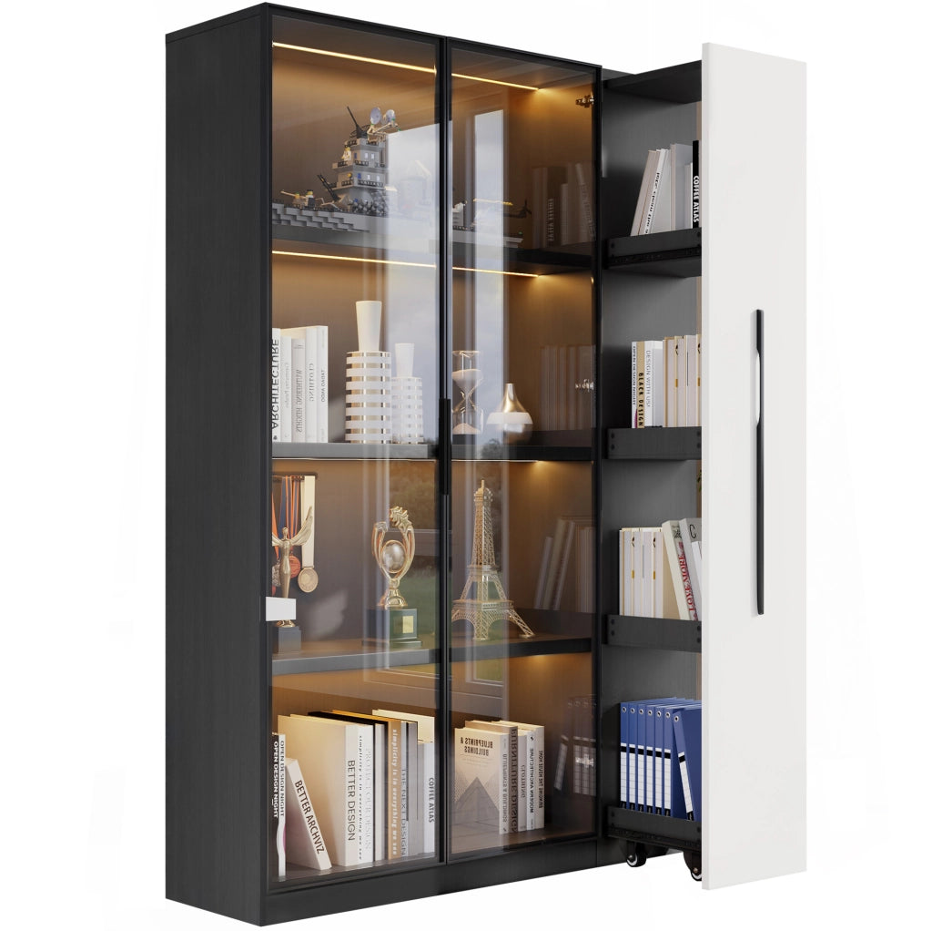 Vetrina 110,5x35x160 cm nera e bianca con LED, anta in vetro e vano scorrevole