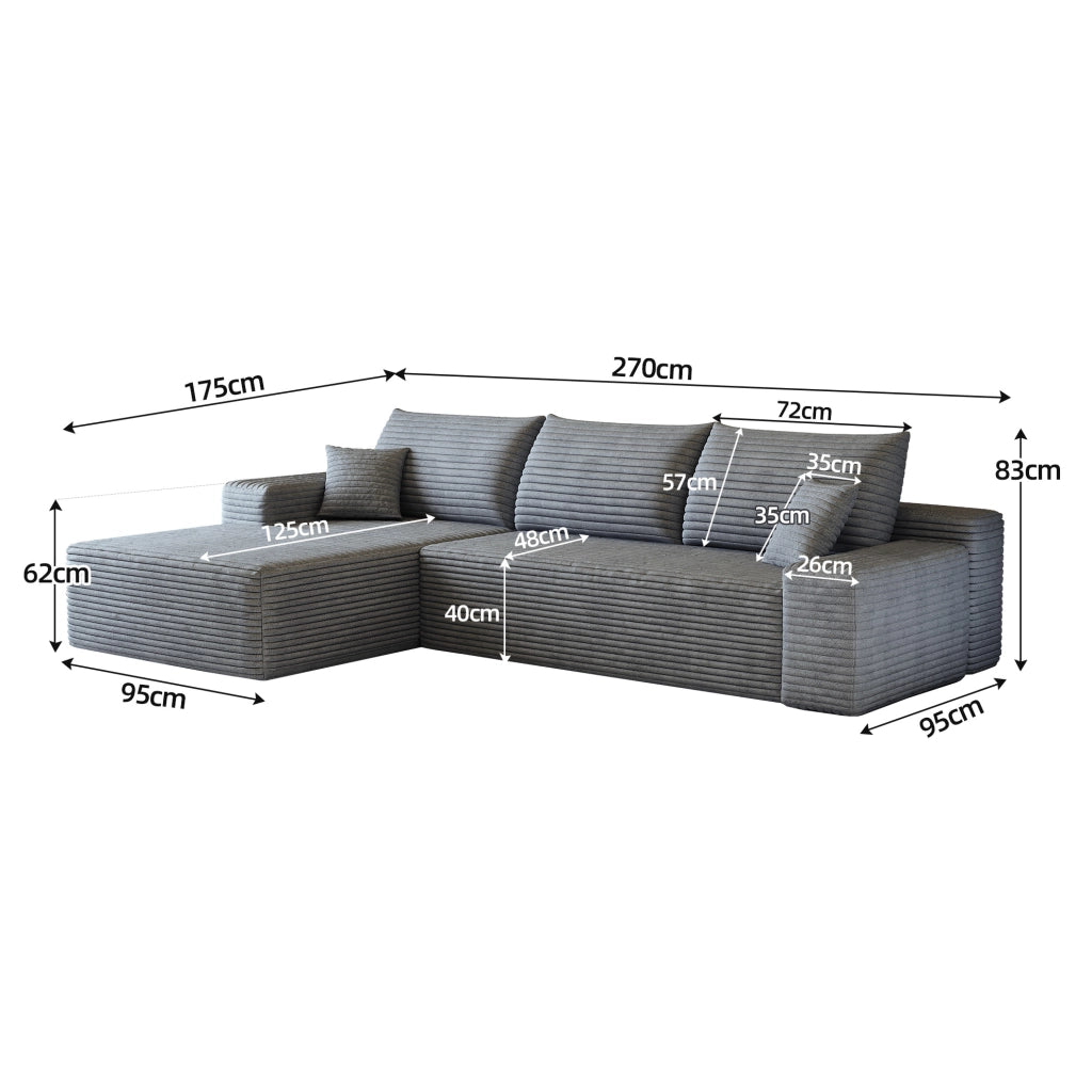 Divano modulare angolare 270 cm con chaise longue a L, tessuto in velluto a coste grigio, senza montaggio richiesto