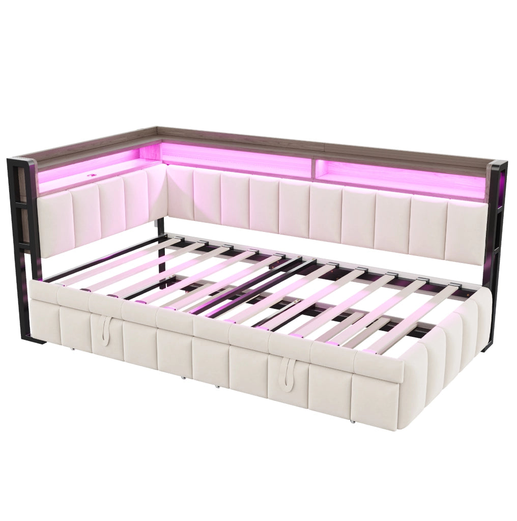 Divano letto ULEVR 90x200 cm estraibile con LED, USB e Type-C, vani portaoggetti, velluto beige