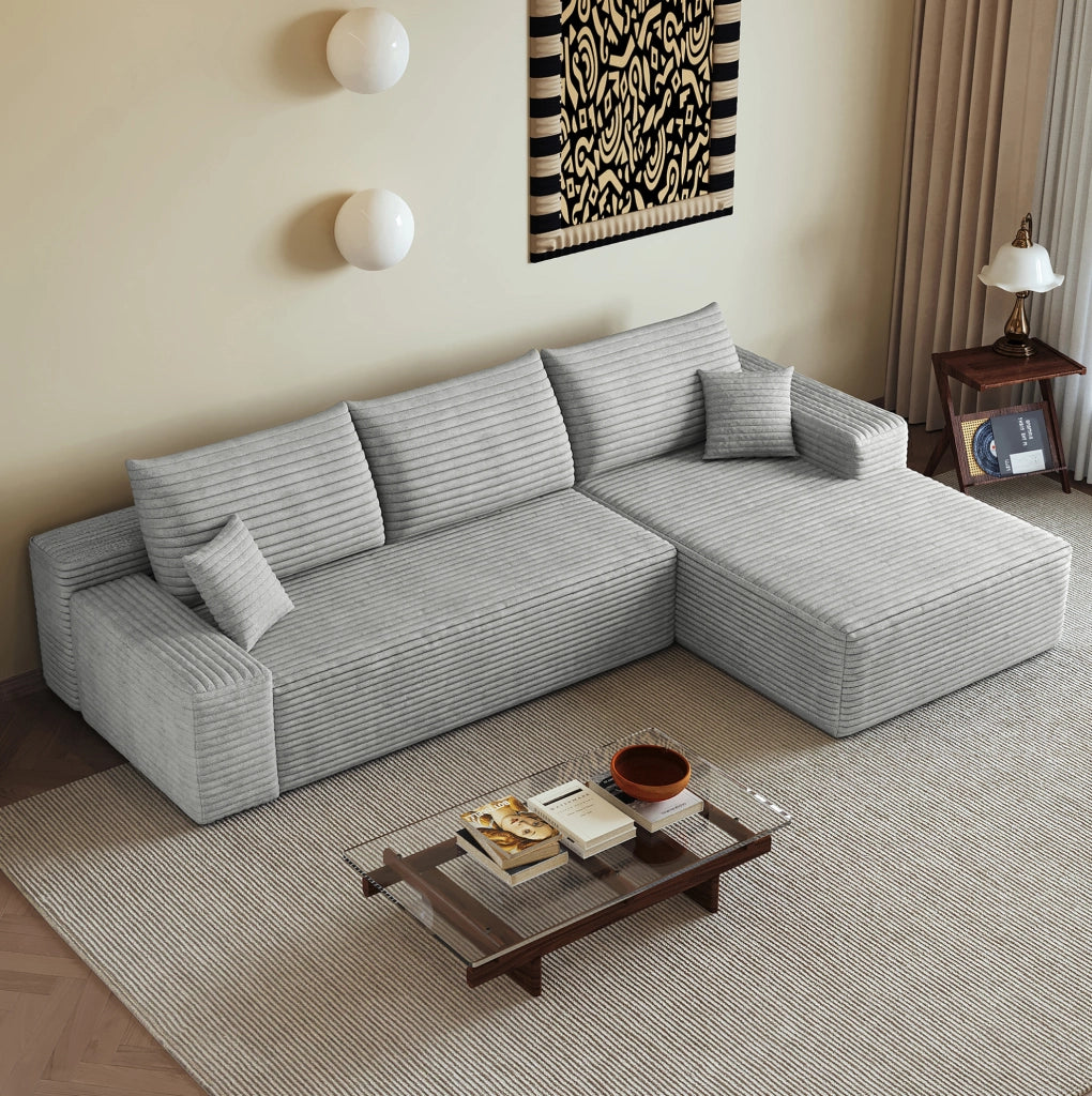 Divano modulare angolare grigio 270 cm con chaise longue a L in velluto a coste, senza montaggio