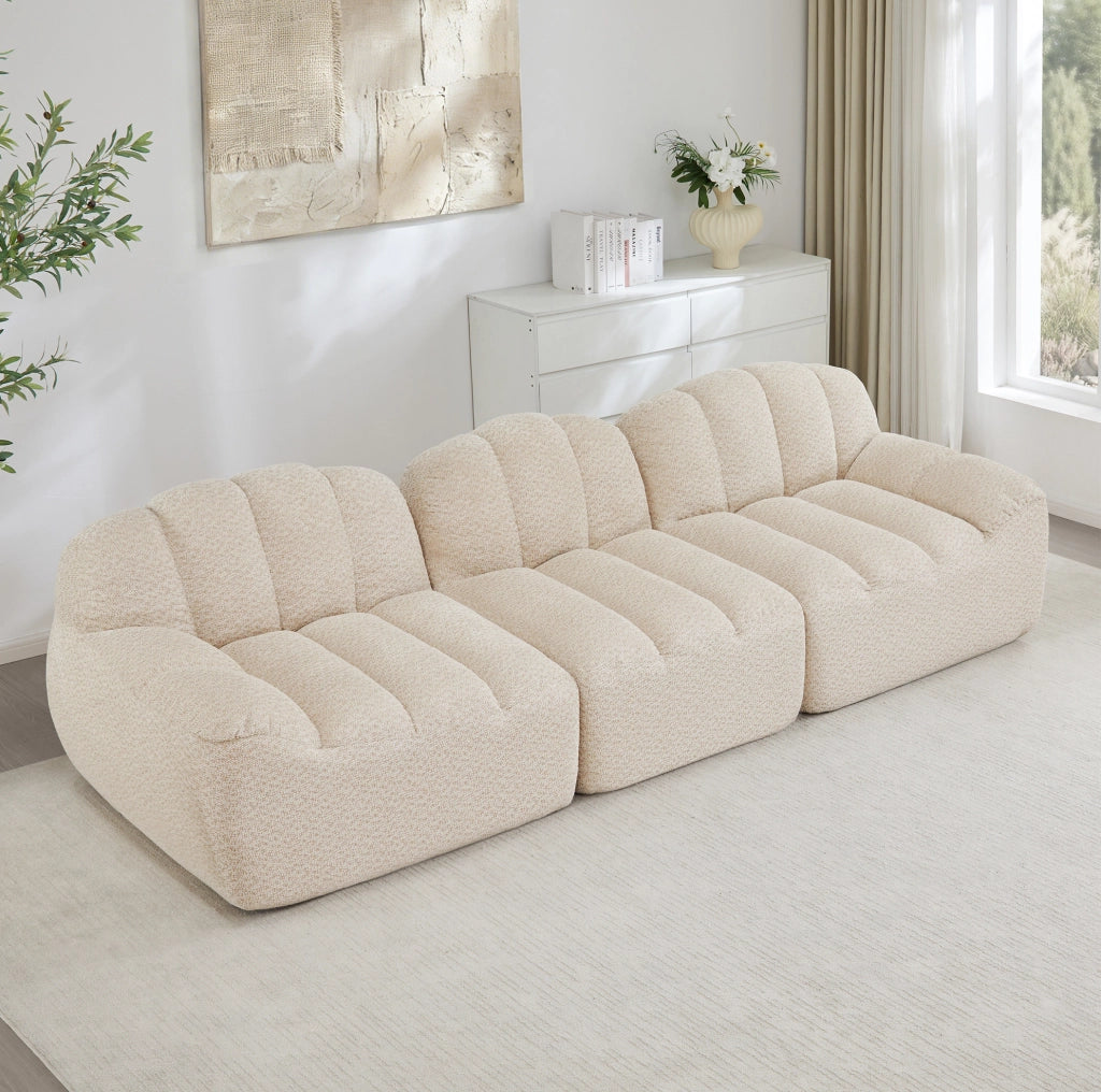 Divano modulare a 3 posti in schiuma densa 32D senza struttura, rivestimento in fleece granulato beige e bianco